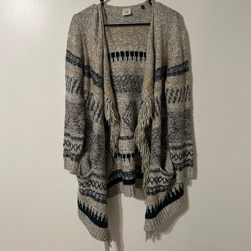 Cabi Sweater Cardigan Womens Small Shetland Fringe Cascading Open Front Aztec